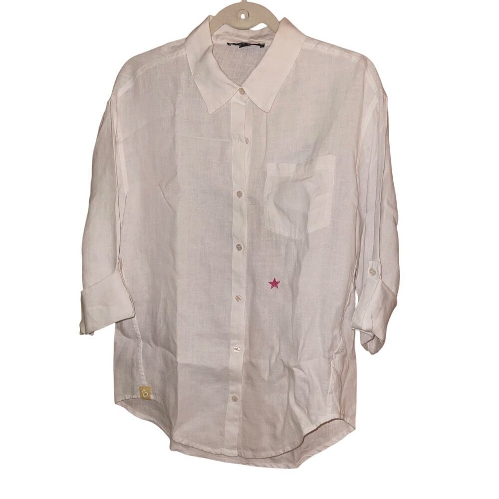 Charlie B Womens Shirt Size XS White Star Button Down Collared Pure Linen